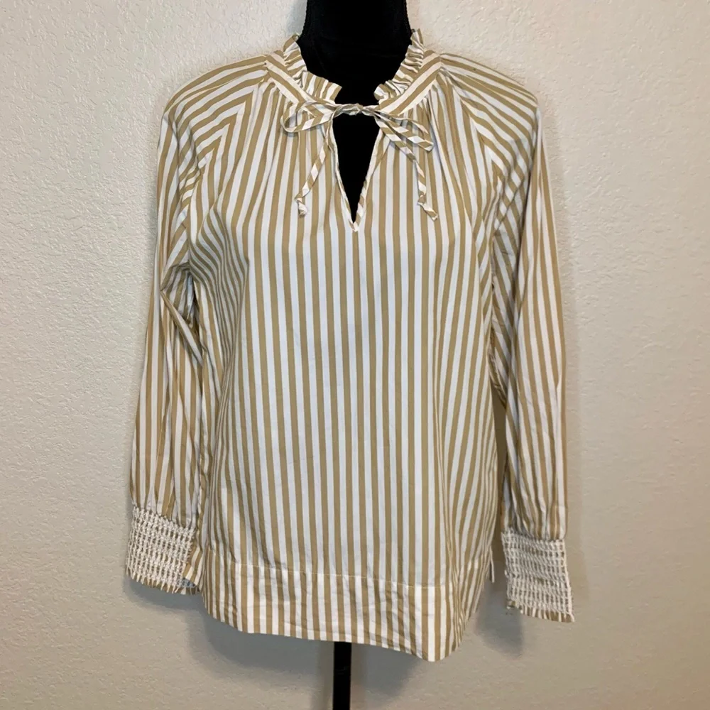 J. Crew ReImagined Popover Top Smocked Cuffs Ruffle Neck Striped Tan White Small